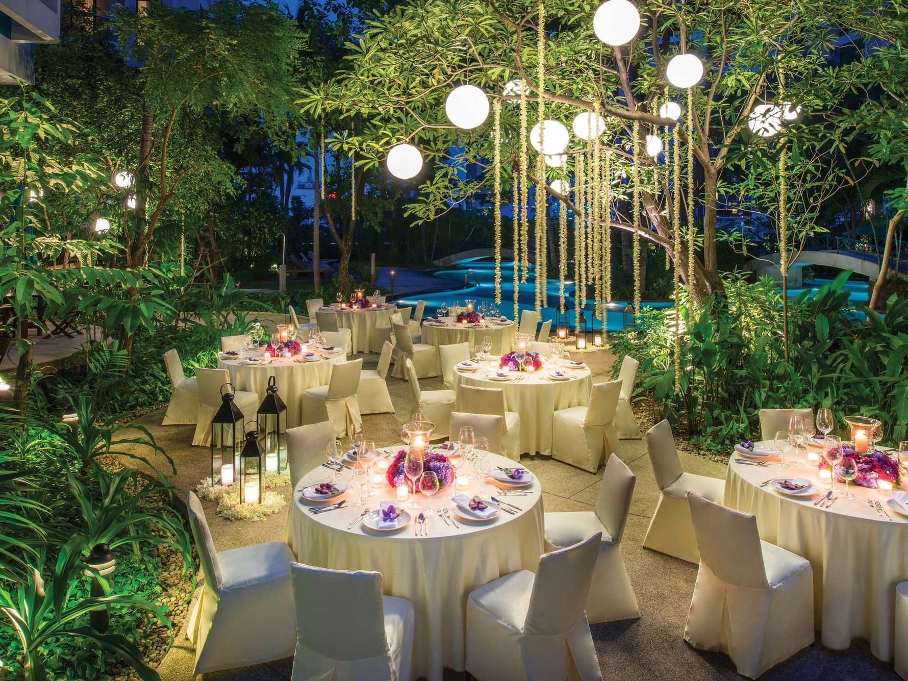 Banquet table set up outdoor at Chatrium Residence Sathon