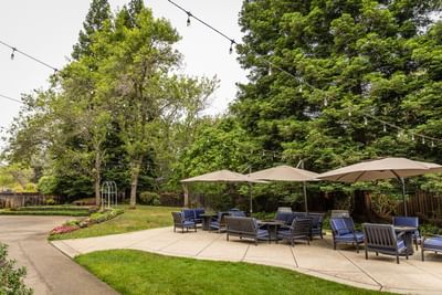 Outdoor patio featuring umbrella-covered seating, string lights, and a lush garden setting at Lake Natoma Inn