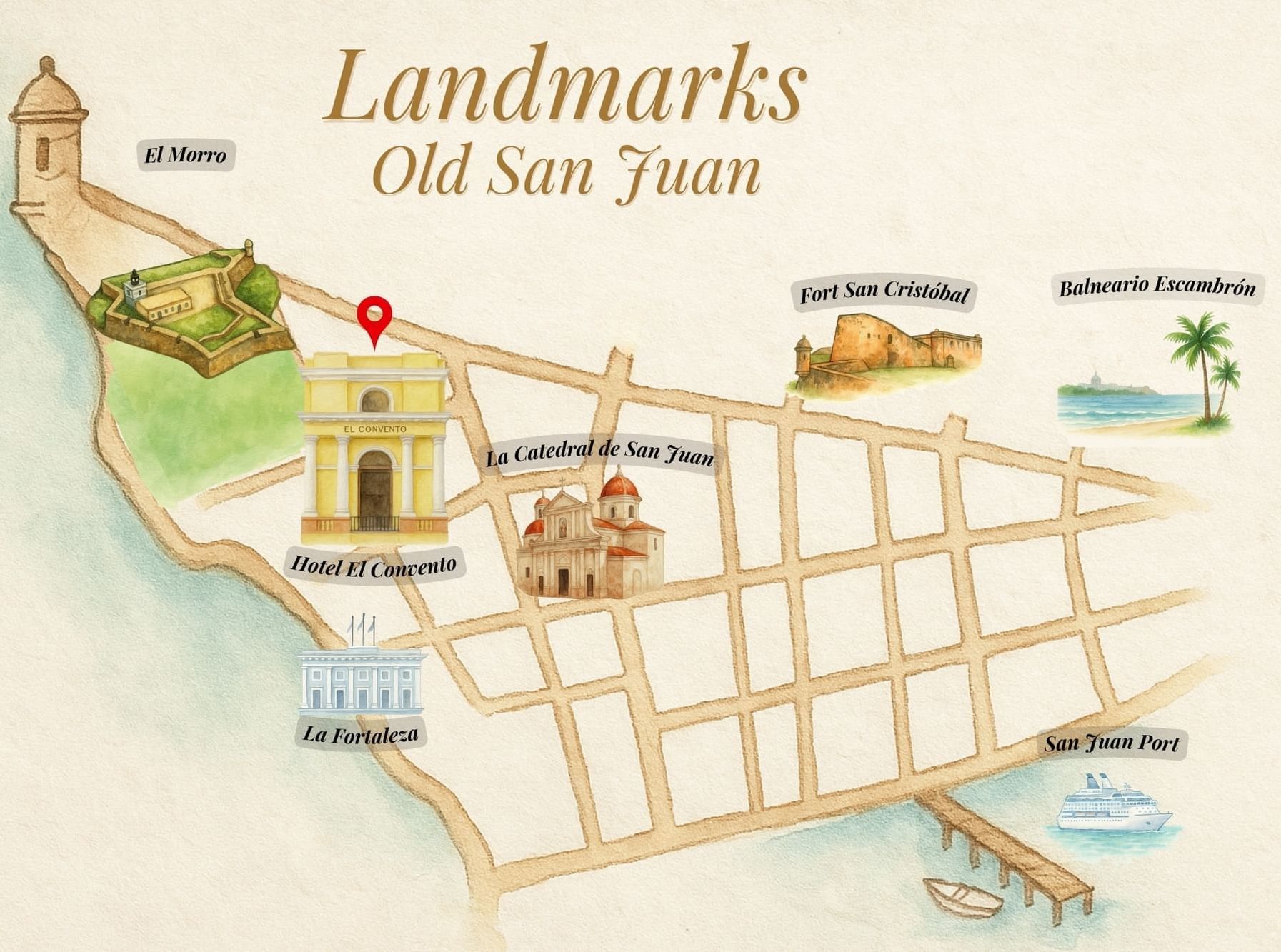 Map of Old San Juan landmarks including El Morro, La Catedral de San Juan, Hotel El Convento, and La Fortaleza.