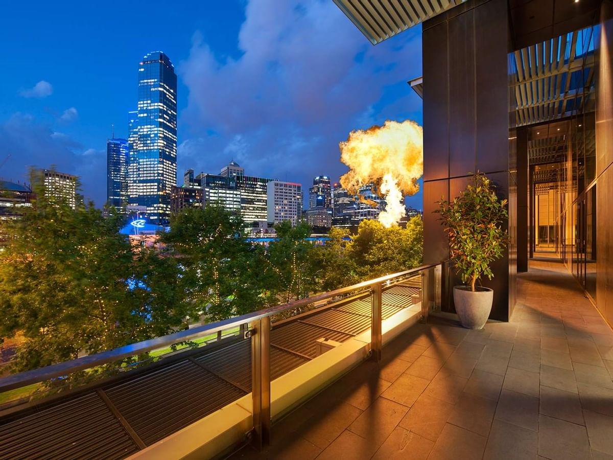 City view from a balcony in River Room at Crown Hotel Melbourne