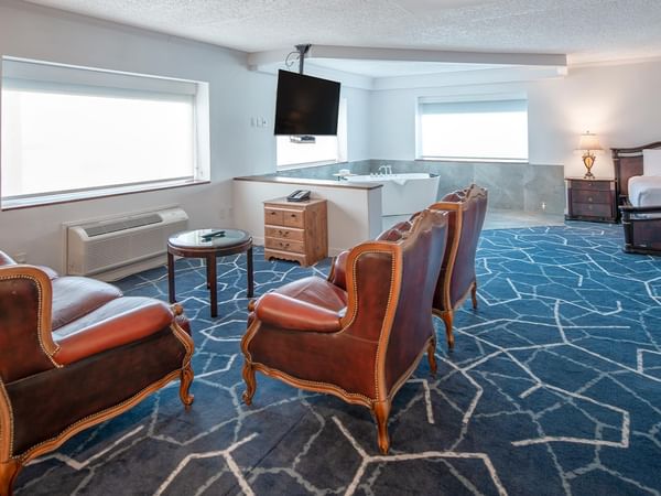 A premium hotel suite with jetted tub.
