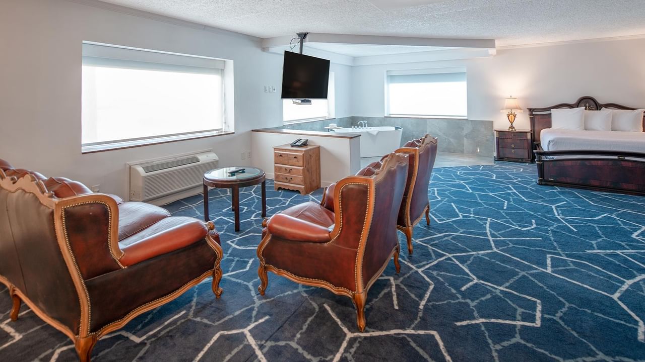 A premium hotel suite with jetted tub.