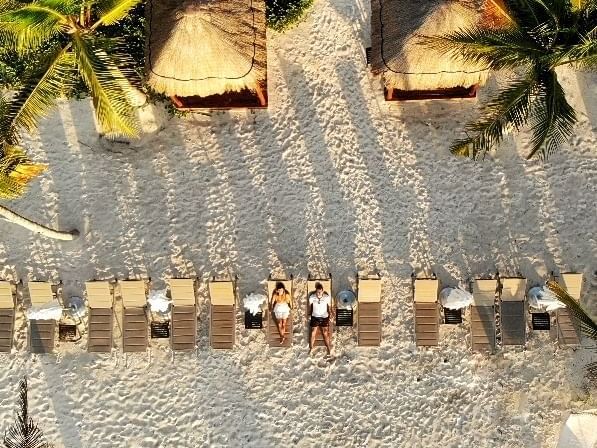 Aerial view of sunloungers on the beach near Haven Riviera Cancun