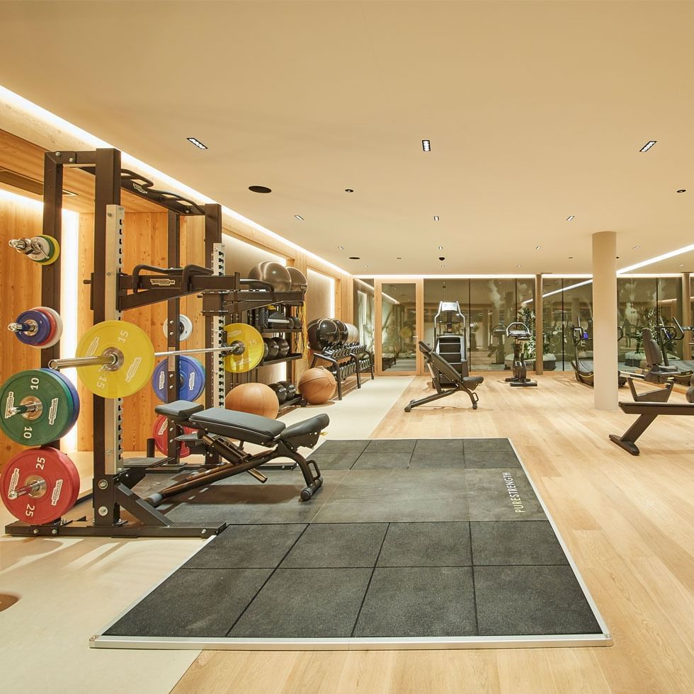 Interior of fully equipped gymnasium at Falkensteiner Hotels