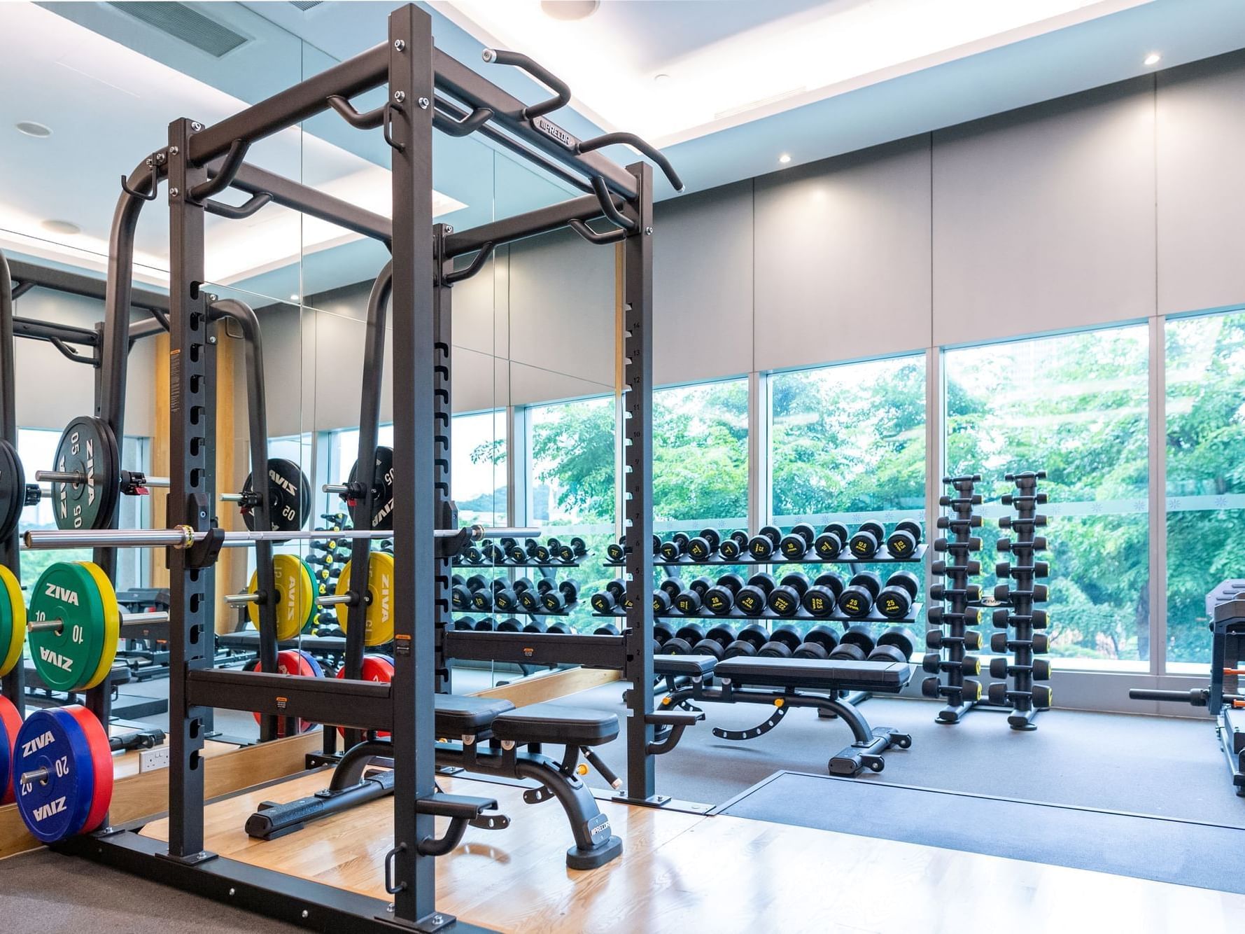 Barbell rack, weights & benches in the gym at Carlton Hotel Singapore