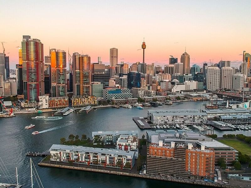 Aerial view of the amazing buildings in Darling Harbour near Pullman Quay Grand Sydney