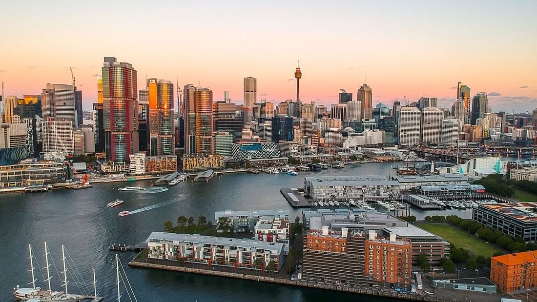 Aerial view of the amazing buildings in Darling Harbour near Pullman Quay Grand Sydney