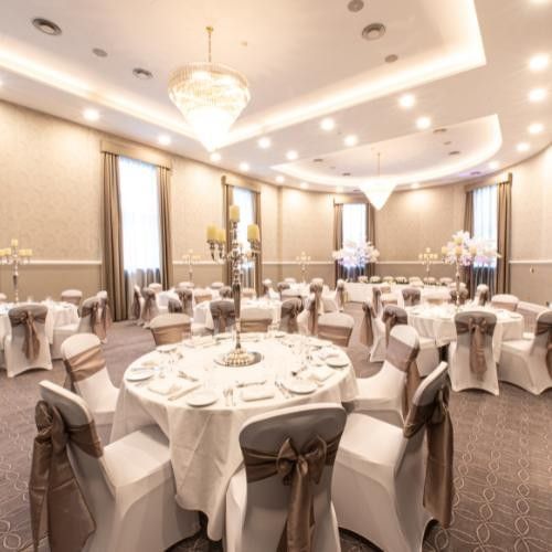 Ballroom dressed for private dining event at Villiers Hotel in Buckinghamshire