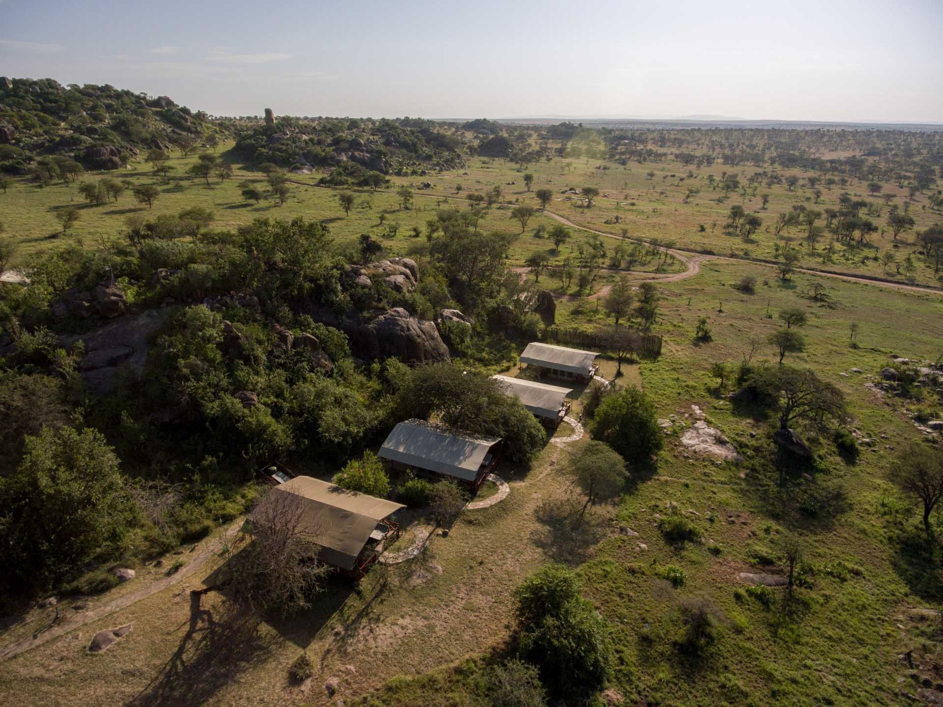 Aerial view of Mbuzi Mawe Serena Camp in the forest