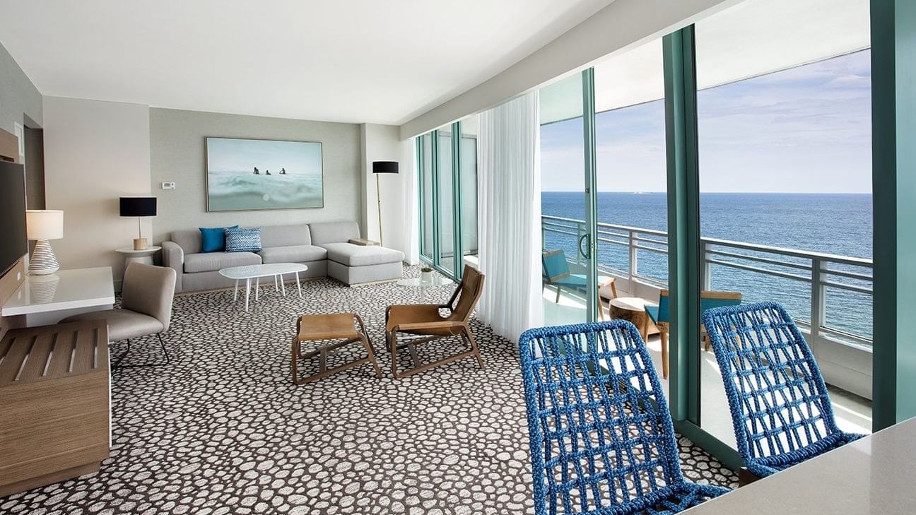 Lobby area with balcony view from the Corner Ocean Suite at The Diplomat Resort