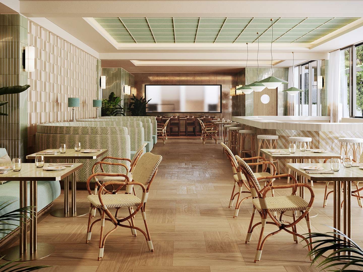 Interior view of a restaurant with cushioned benches, round tables, large windows, and a wooden floor.