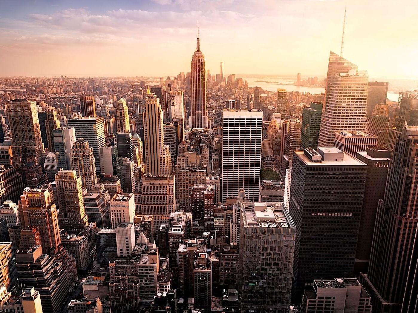 Aerial sunrise view of skyline near Sanctuary Hotel New York