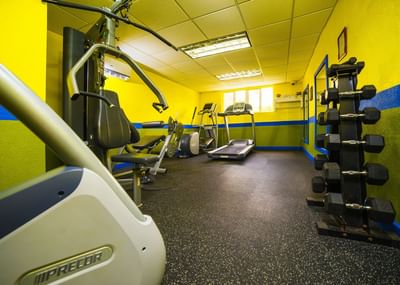 Treadmill, weights, and exercise machines in the Gym at Dover Beach Hotel