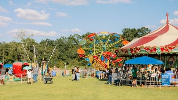 A grassy field with carnival rides including a tilt-a-whirl, pirate ship swing, carousel, and spinning strawberries.