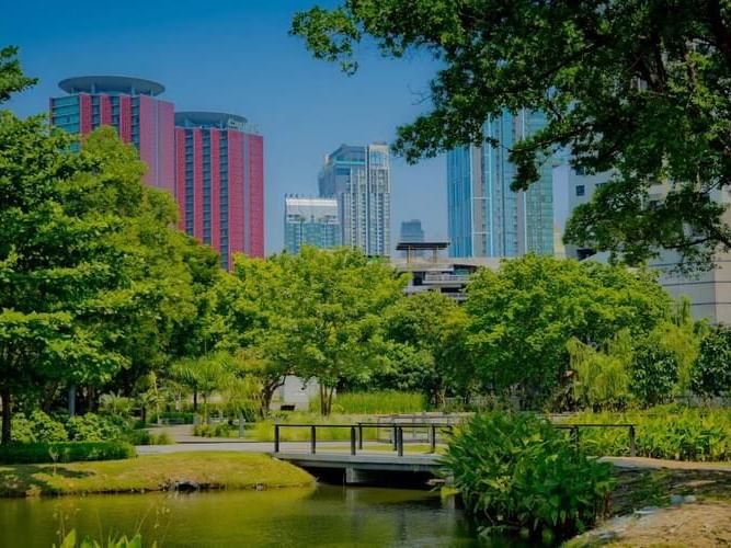 Scenic park with a bridge and green trees set against a city backdrop.