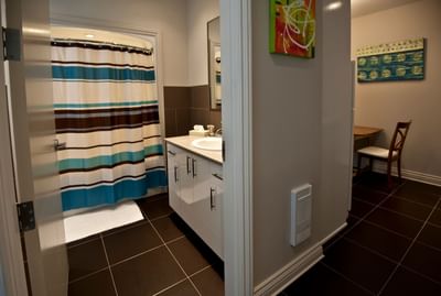 Bathroom with amenities & shower area in Apartment 302 at Retro Suites Hotel