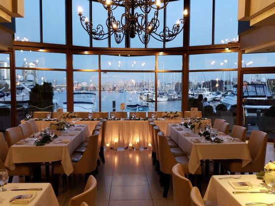 Restaurant set as a wedding reception at Granville Island Hotel