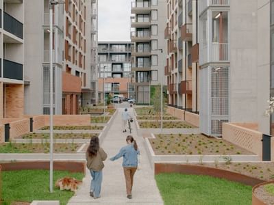 Exterior image of Swift Walk apartment buildings in Kensington, Victoria Australia.