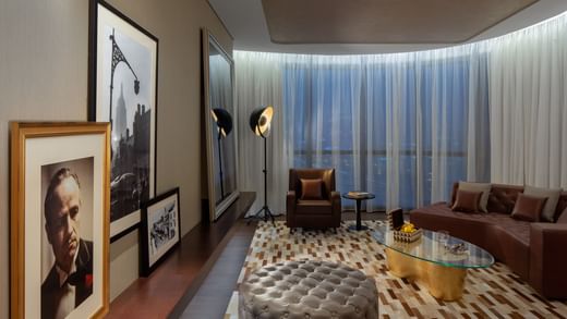 The Living area in Don Corleone Suite at Paramount Hotel Dubai