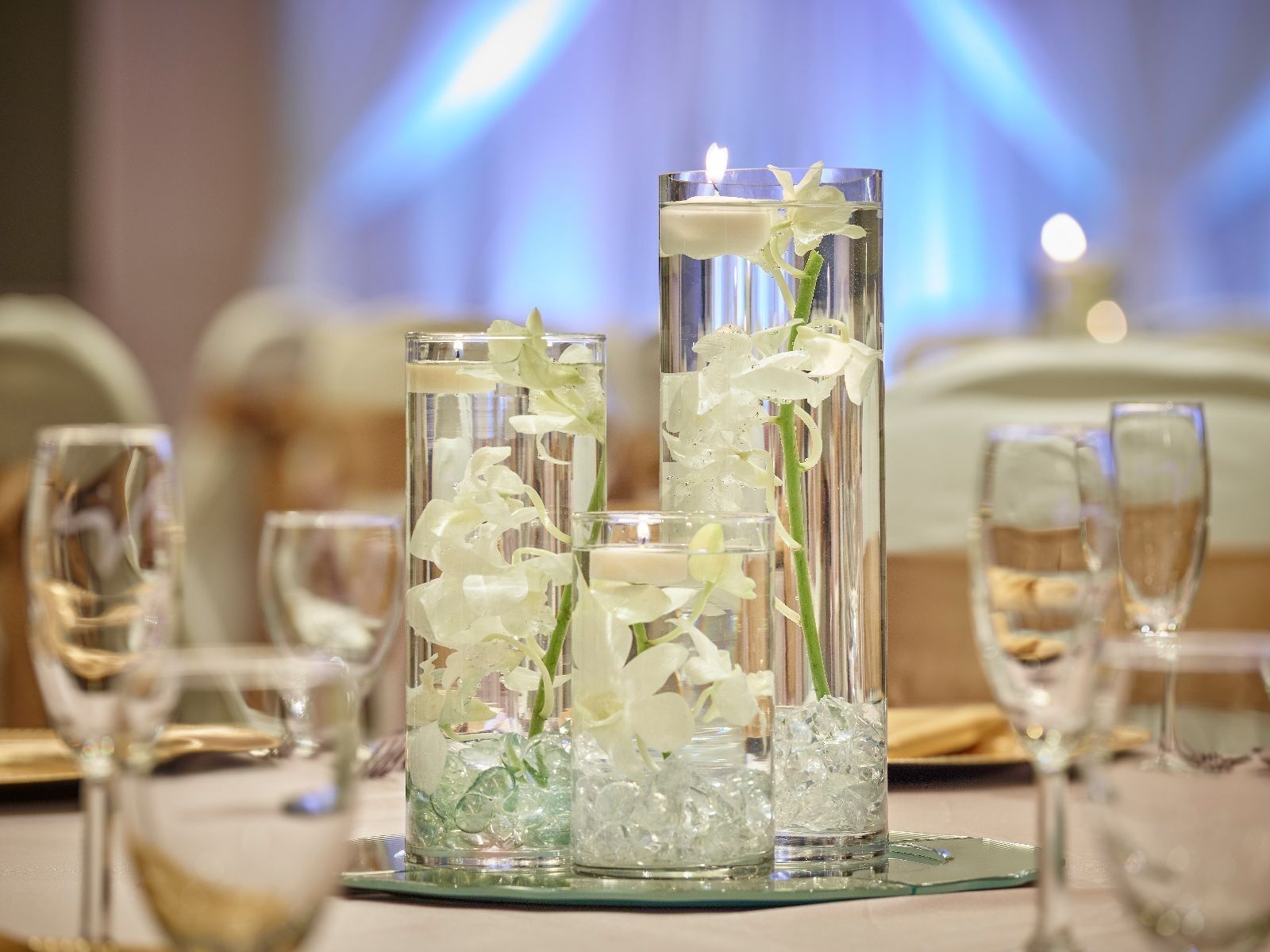 Close-up of floral table decorations & Champagne glasses at Varscona Hotel on Whyte