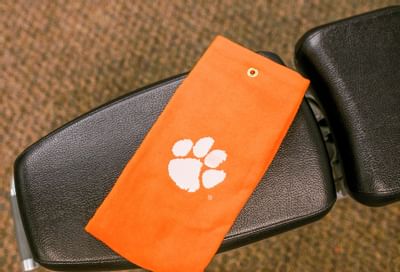 orange towel with clemson logo on it
