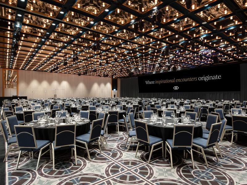 Wentworth ballroom grand event space with multiple dining tables under ornate chandelier lighting