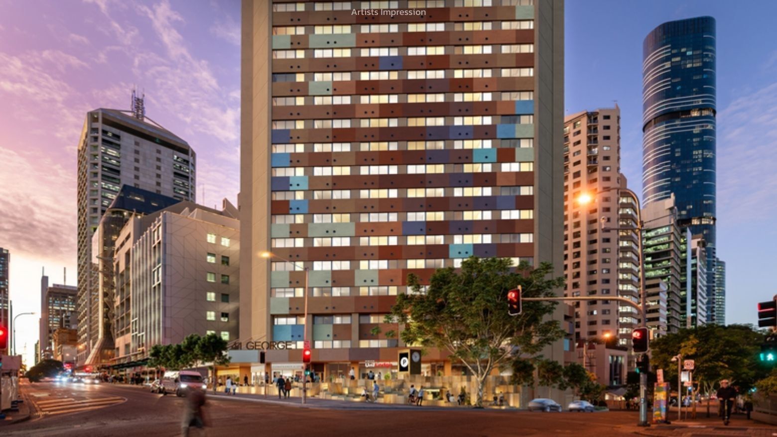 Modern multi-story building with colorful facade situated in a busy city street.