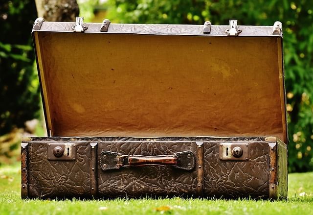 Open vintage suitcase on grass at Lake Buena Vista Resort Village & Spa