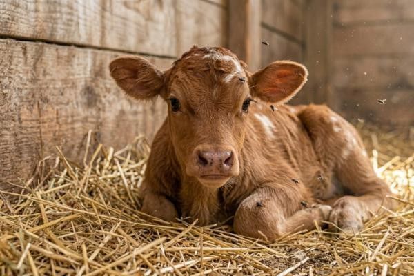 Close up image of a calf resting on hay at Bocketts Farm in Surrey