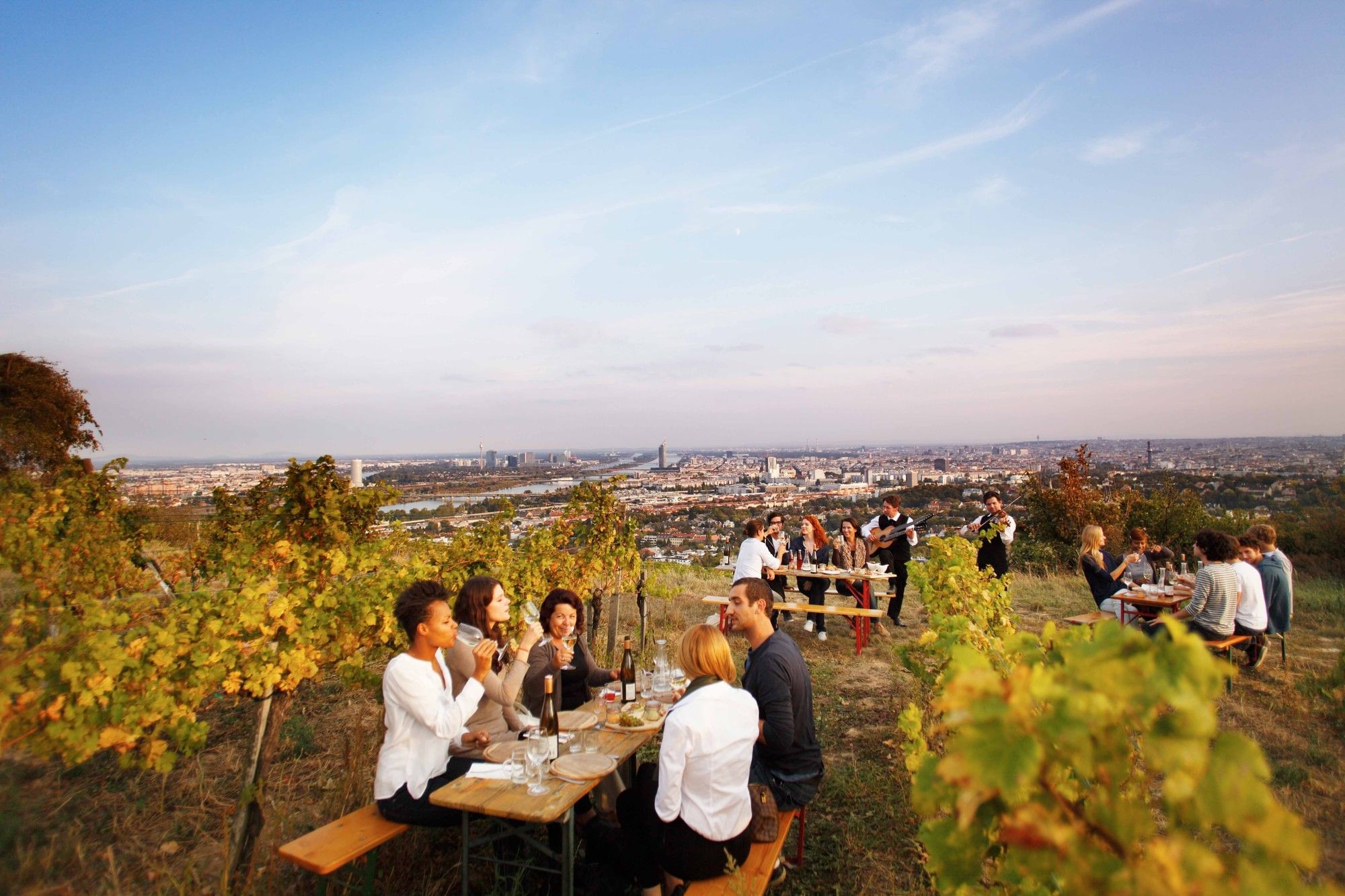 People enjoying wine and local specialties in the Vienna vineyards overlooking the city skyline