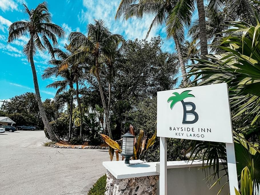 The exterior sign welcoming guests to Bayside Inn Key Largo surrounded by palm trees.