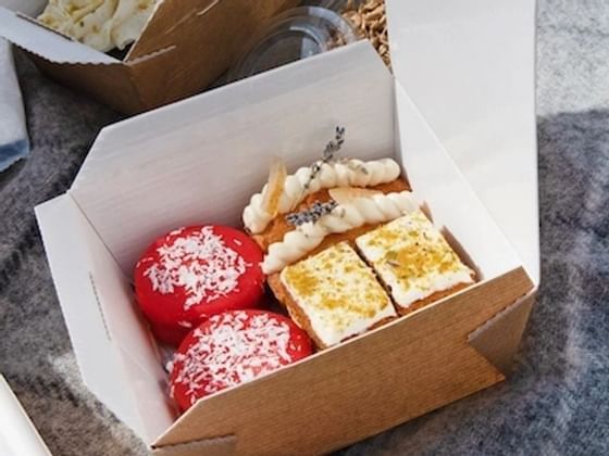 Closeup of donuts on a box at Richmond Hill Hotel