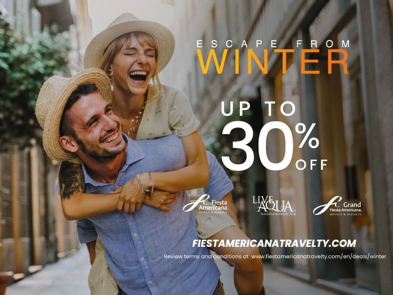 Travel ad promoting up to 30% off winter escapes at Live Aqua Resorts