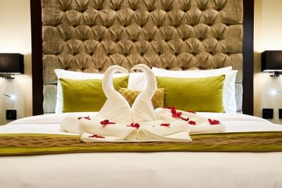 White swan from towel in Bedroom Creek View at Carlton D. Creek