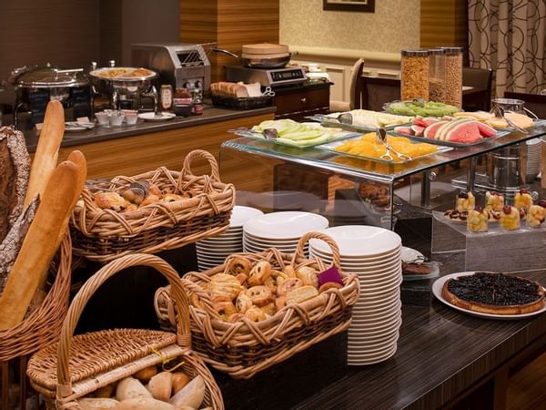 Close-up of a breakfast buffet served in a restaurant at Warwick Geneva