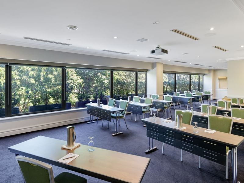 Classroom set-up in Parkview Room with carpeted floors at Pullman Sydney Hyde Park