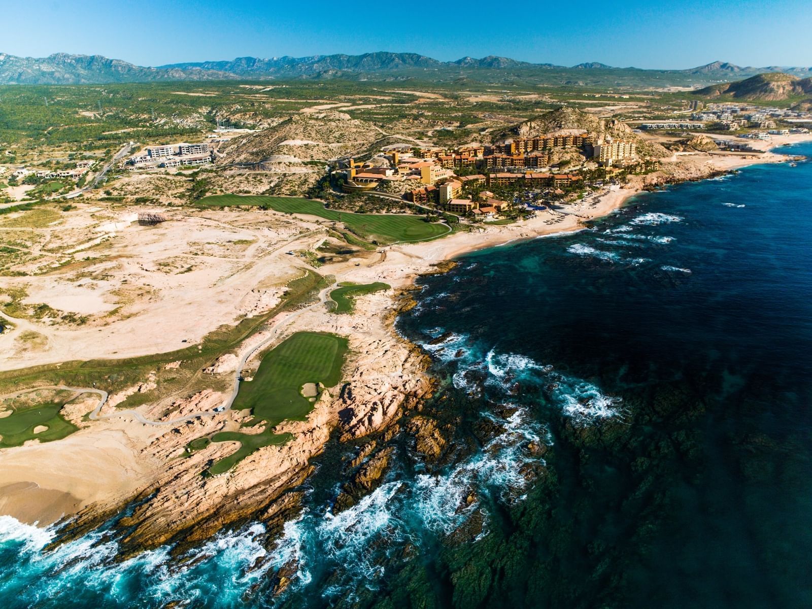 Aerial view of landscape and ocean in the Los Cabos city