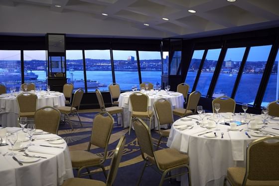 Banquet table setup in Bluenose Ballroom at Hotel Halifax