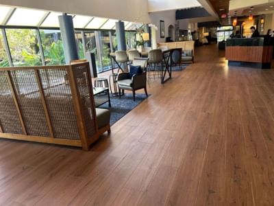 Hotel lobby with armchairs and high tables set beside garden-facing windows and a reception counter at Miami Lakes Hotel