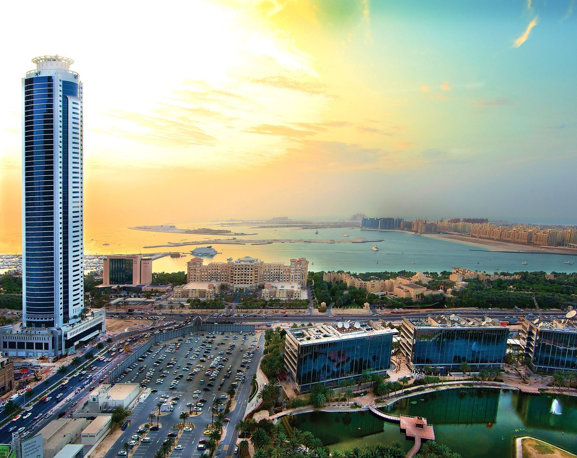 Aerial View of Tamani Marina Hotel with sunrise