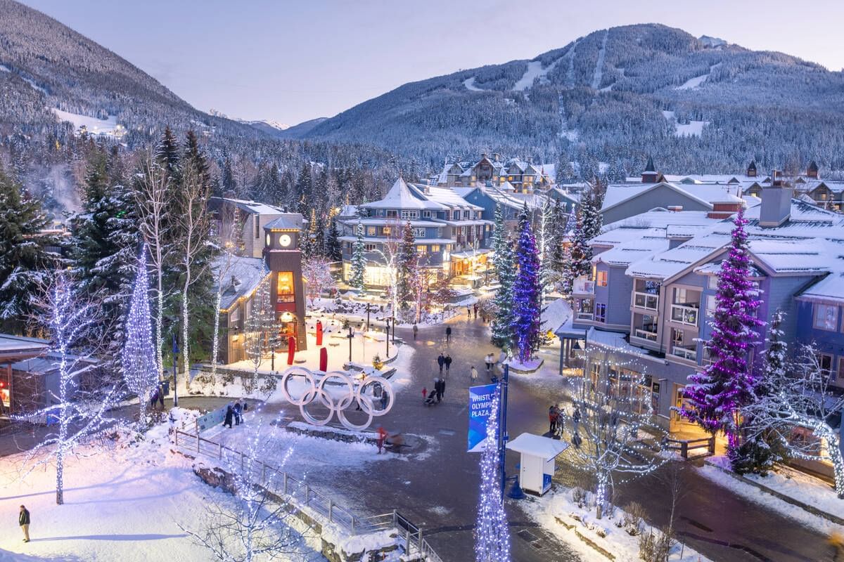 Aerial view of illuminated and decorated Whistler Village near Blackcomb Springs Suites