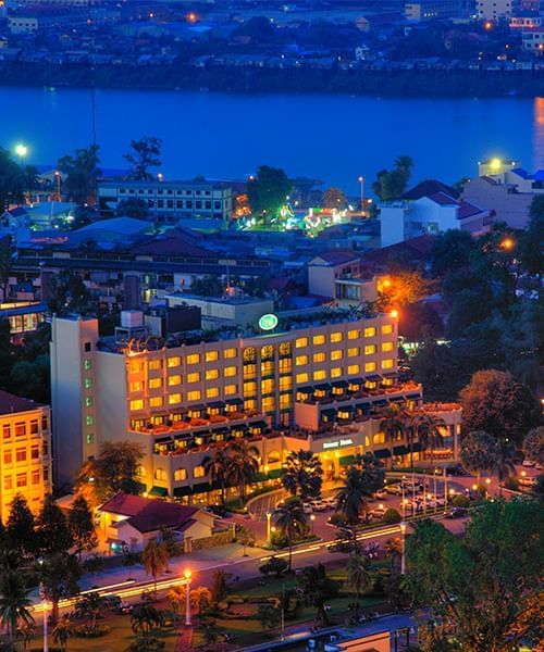 Distant view of Sunway Hotel Phnom Penh at night