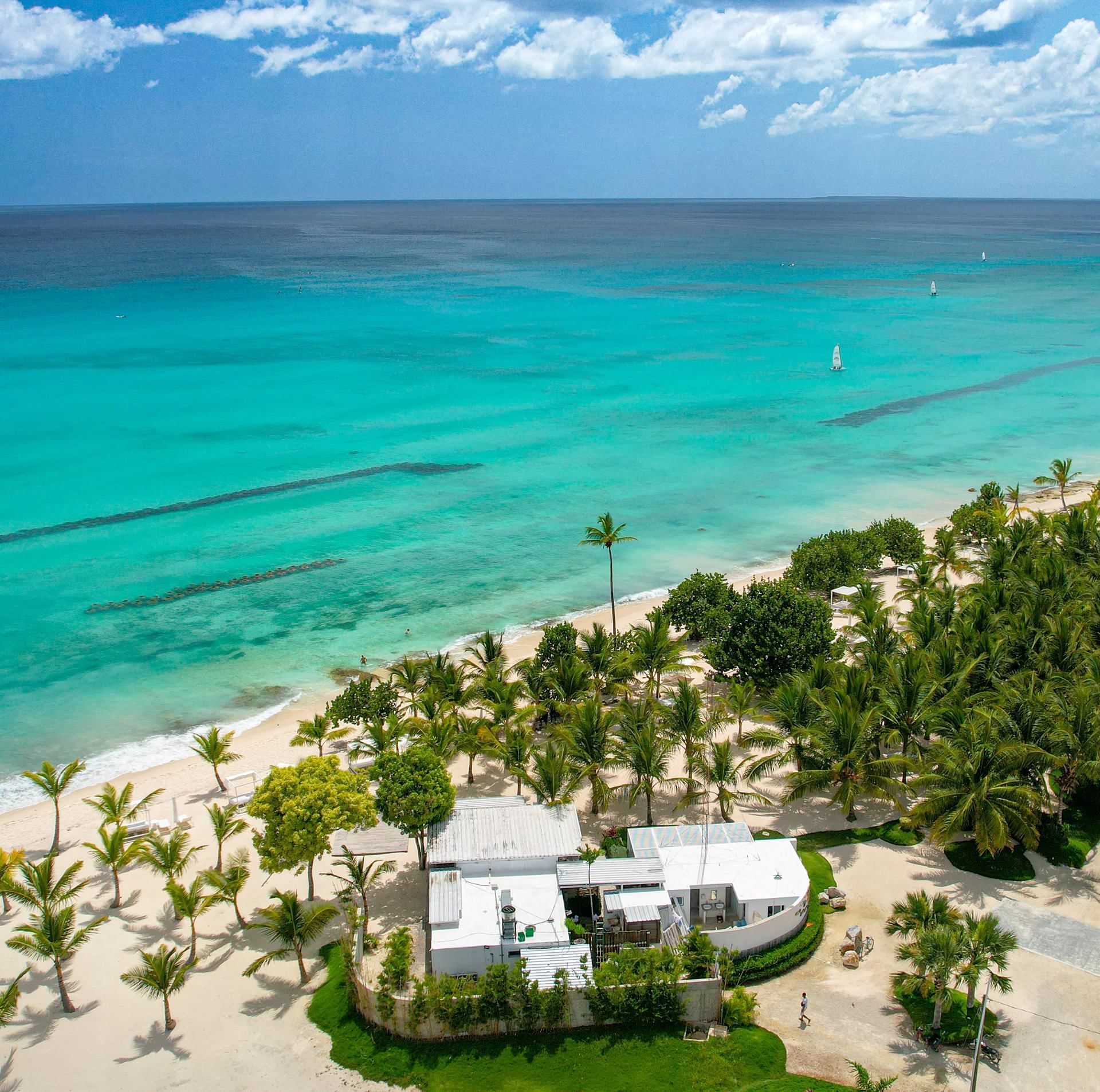 Aerial view of The Hub Acunmeyda surrounded by sea and palm trees