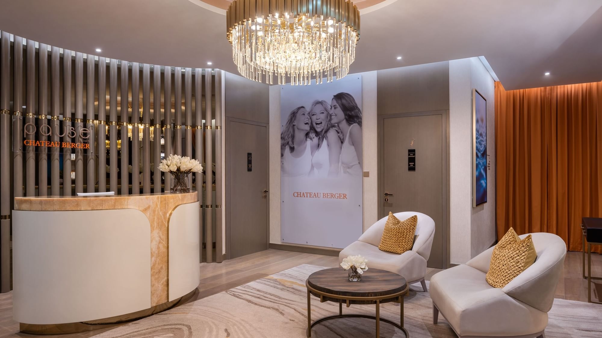 Brightly lit reception at the Chateau Berger Spa with a chic waiting area at Paramount Hotel Midtown