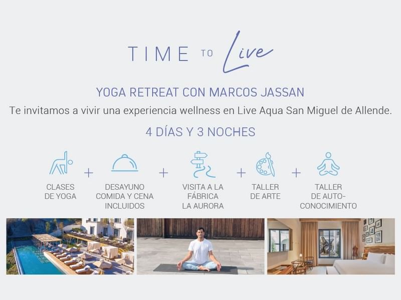 Advertisement for a yoga retreat featuring amenities and a person meditating at Live Aqua San Miguel de Allende