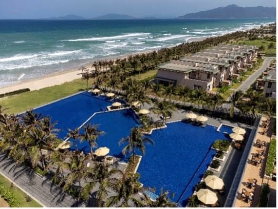 An aerial view of the hotel & pool at Wyndham Garden Resort