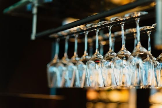 Empty glasses for wine on glass shelf at Oliver Like Home bar