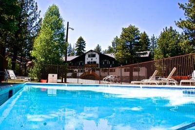 Outdoor pool with lounging chairs at Alpenhof Lodge