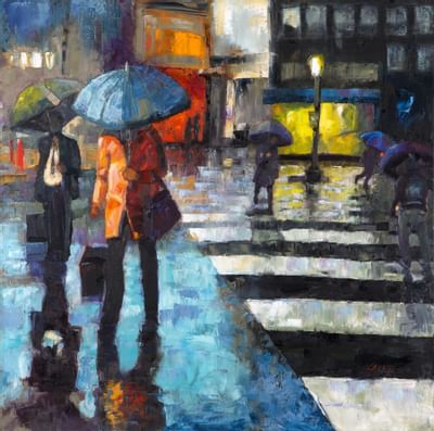 Artwork showcasing people walking through a rain shower at Paramount Hotel Seattle