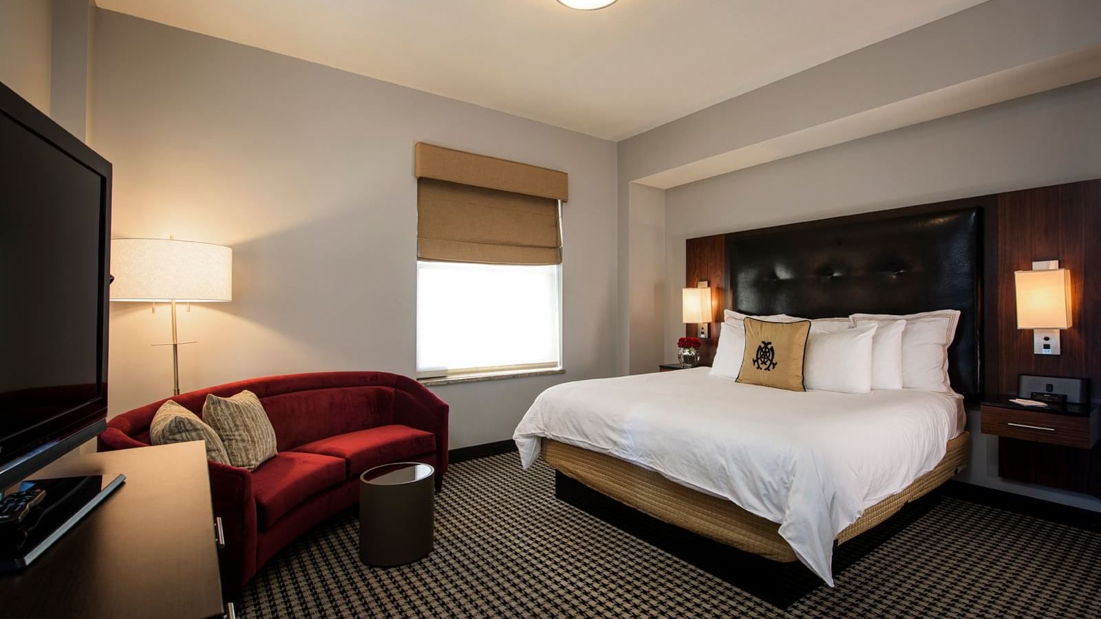 Bed, TV & sofa in Luxury Double Room at The Mayo Hotel